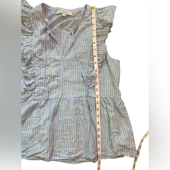 LOFT Blue and White Striped Cotton Ruffle Shoulder Tie Neck Peplum Blouse - Picture 8 of 10